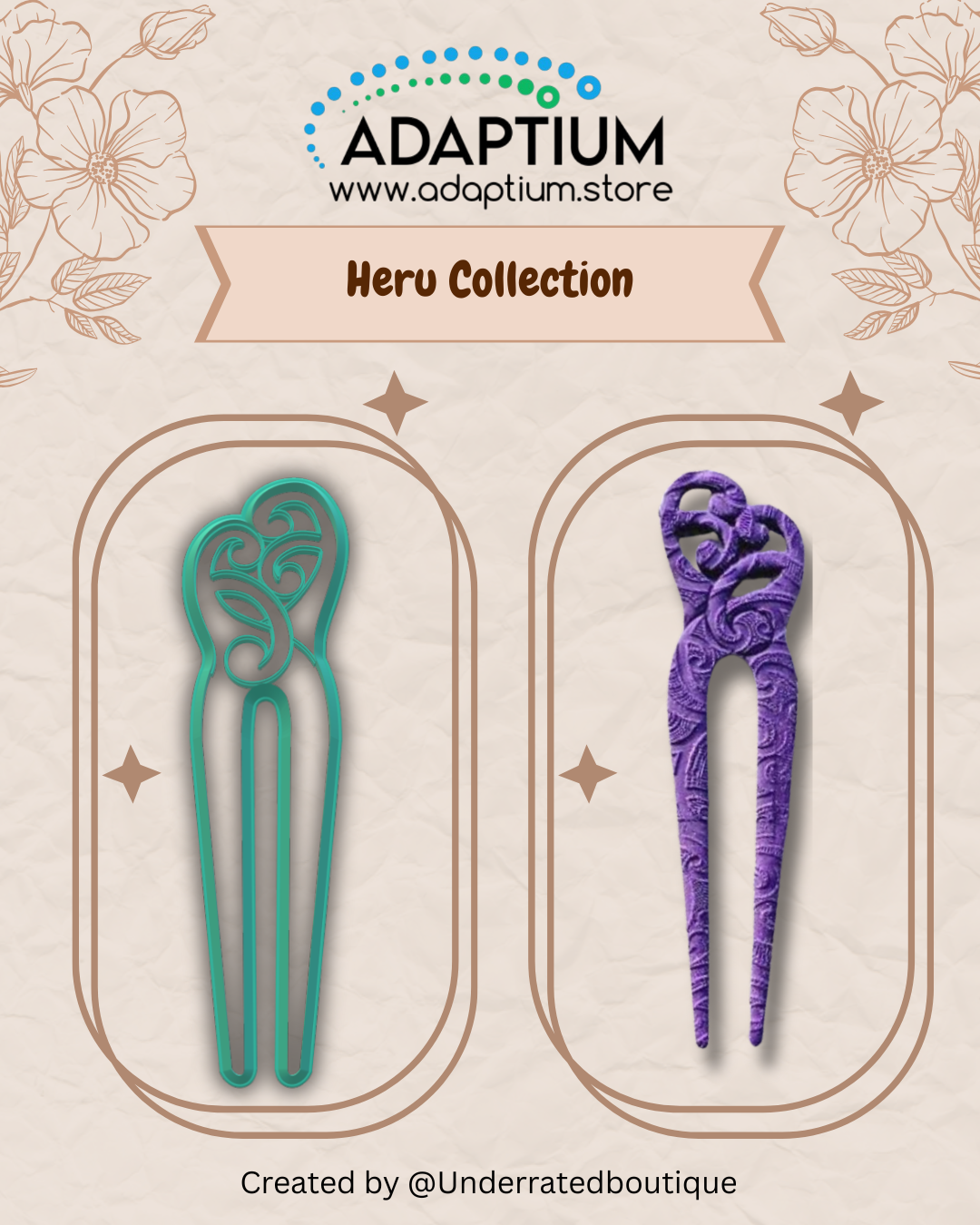 decorative hair clips, green one is a cutter  and purple one is the end result on polymer clay, on a beige background with floral designs and Adaptium branding.