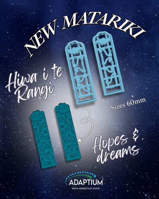 Teal and blue cutters with cut out clay  examples. Matariki design on a dark blue background, featuring text and Adaptium branding.