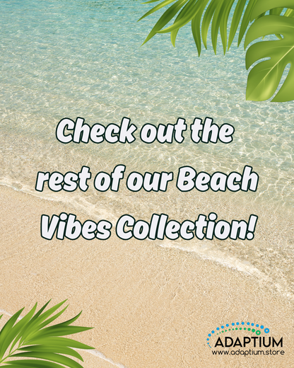 Beach-themed background with clear ocean water and sandy shore, overlaid text reads 'Check out the rest of our Beach Vibes Collection!' with Adaptum logo at the bottom.