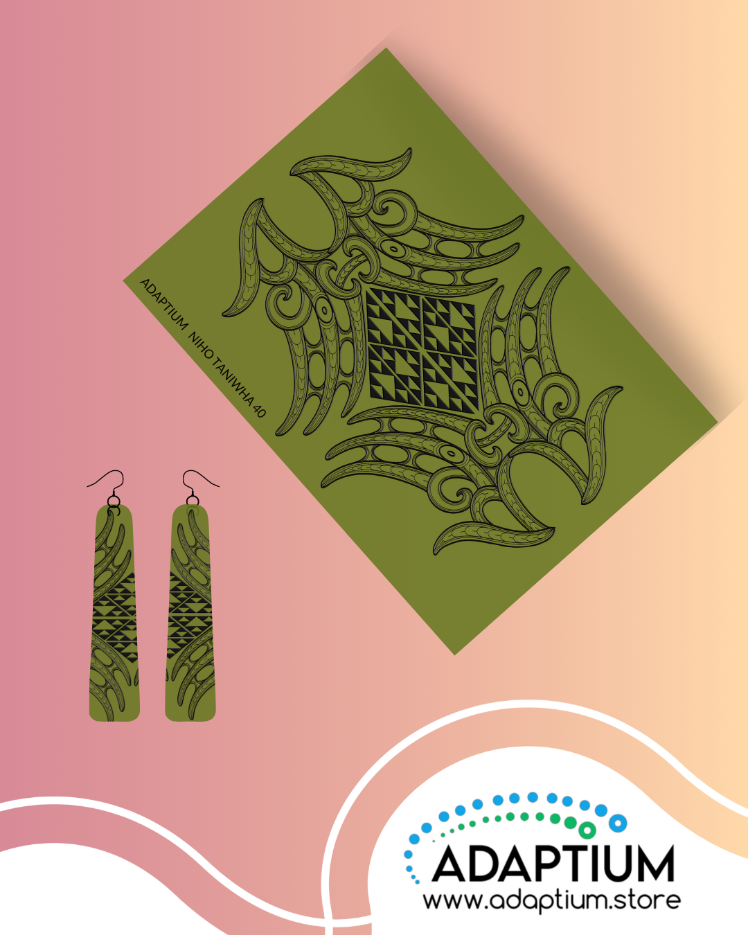 how a  silkscreen has been used showing a mirrored design with black Māori niho taniwha design a Kharki green clay slab with earrings a finished product