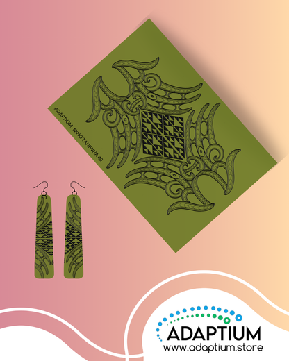 how a  silkscreen has been used showing a mirrored design with black Māori niho taniwha design a Kharki green clay slab with earrings a finished product