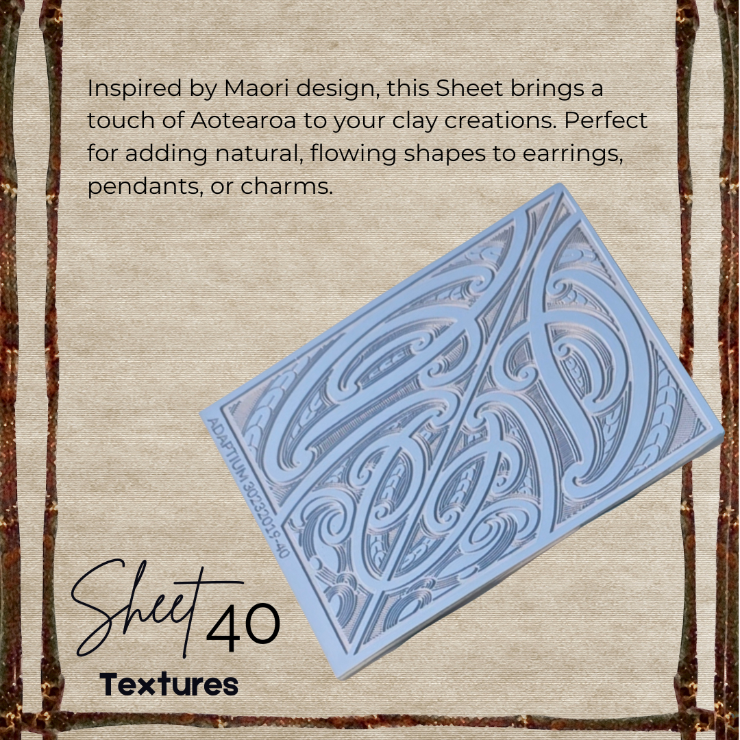 Rubber Textured clay sheet with Maori design with puhoro, mangopare & koru on a textured background