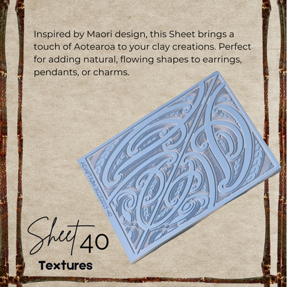 Rubber Textured clay sheet with Maori design with puhoro, mangopare & koru on a textured background