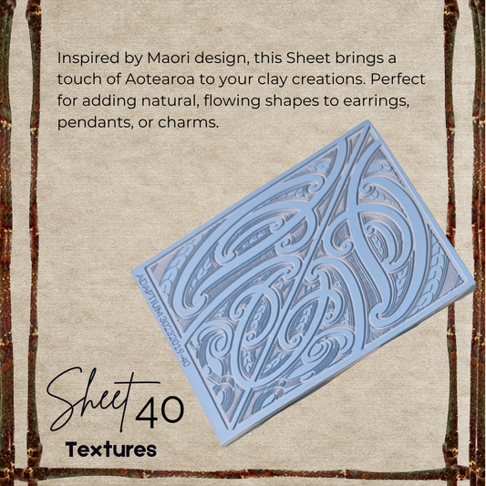 Rubber Textured clay sheet with Maori design with puhoro, mangopare & koru on a textured background