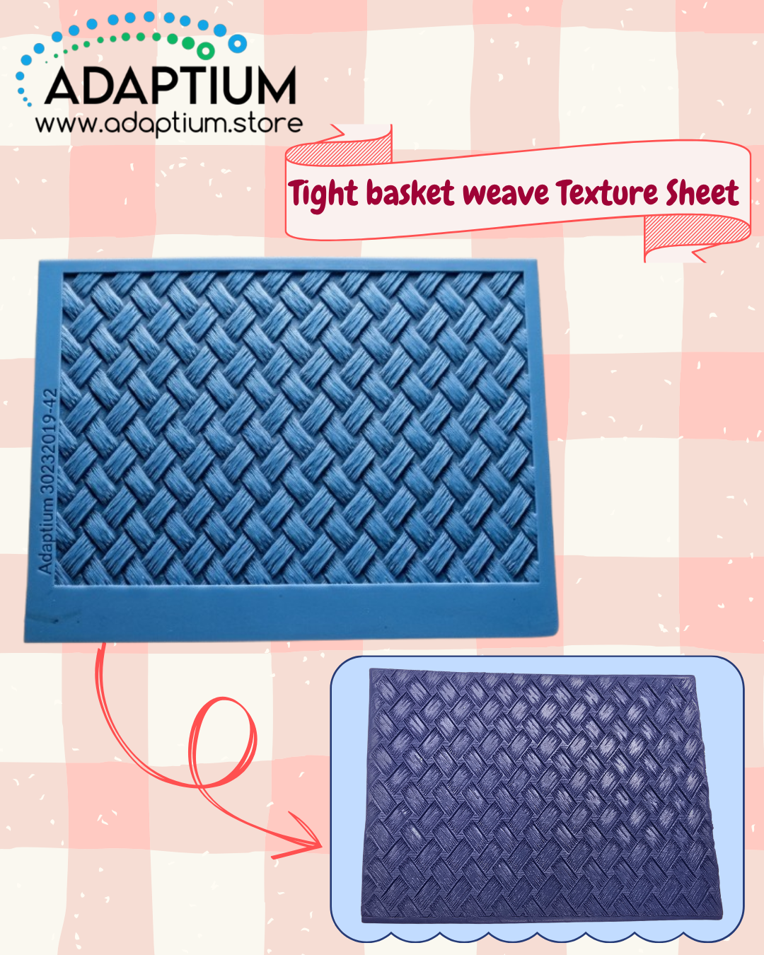 Blue textured sheet with basket weave pattern & beneath it with the impression on a clay slab on checkered background, branded with Adaptium.