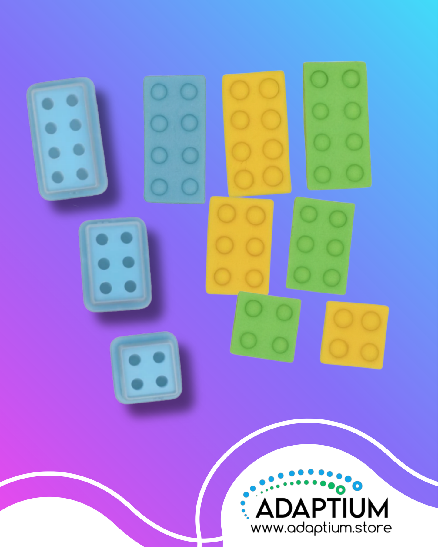 Toy brick-inspired polymer clay cutters in blue with matching yellow, green, and blue clay block cutouts on a gradient background.