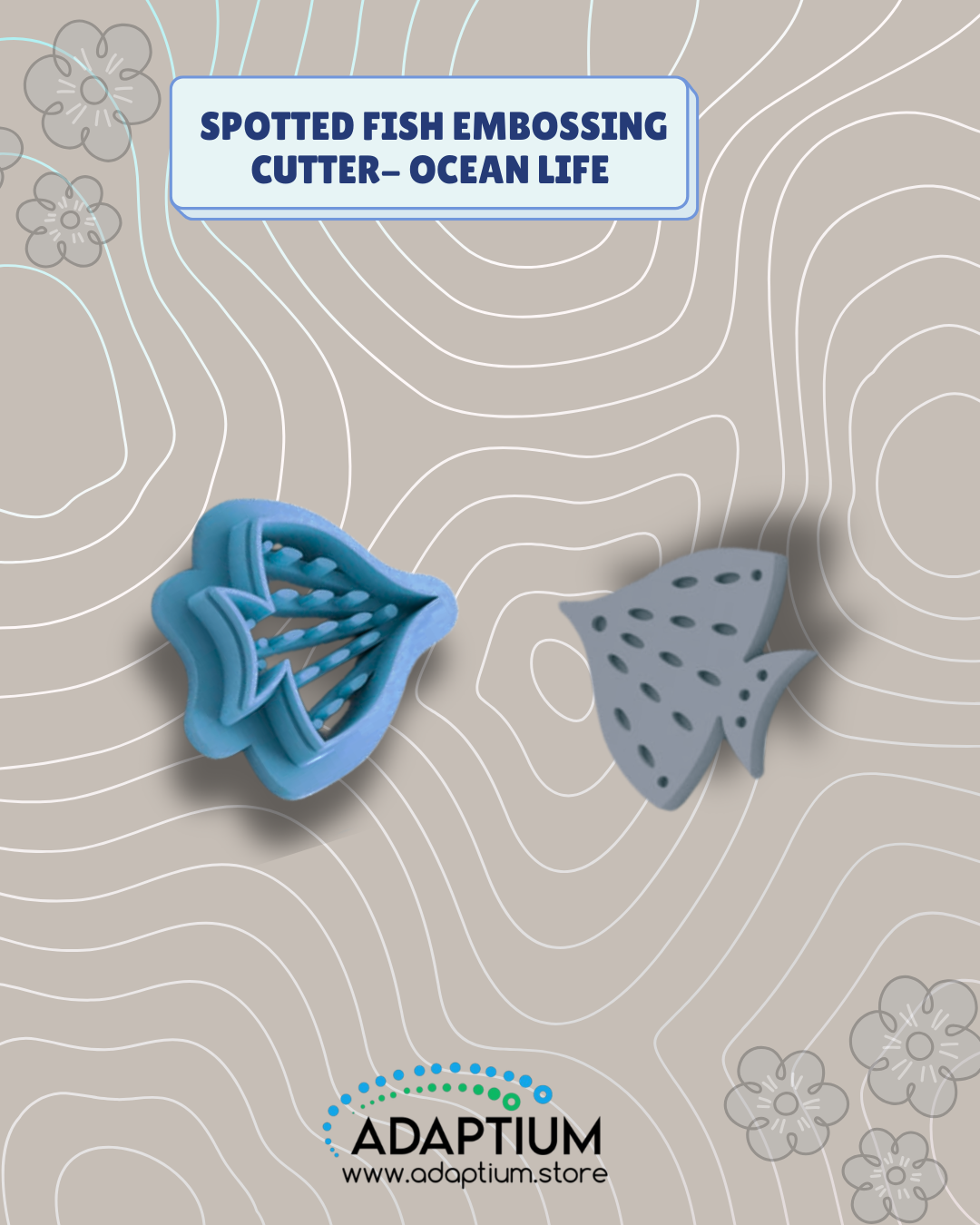 Blue spotted fish embossing cutter beside a grey polymer clay fish with oval details
