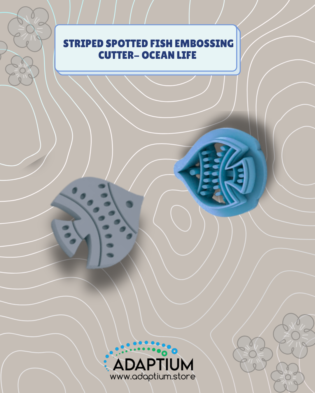 Blue resin fish embossing cutter beside a grey clay fish with curved bands and oval spots.