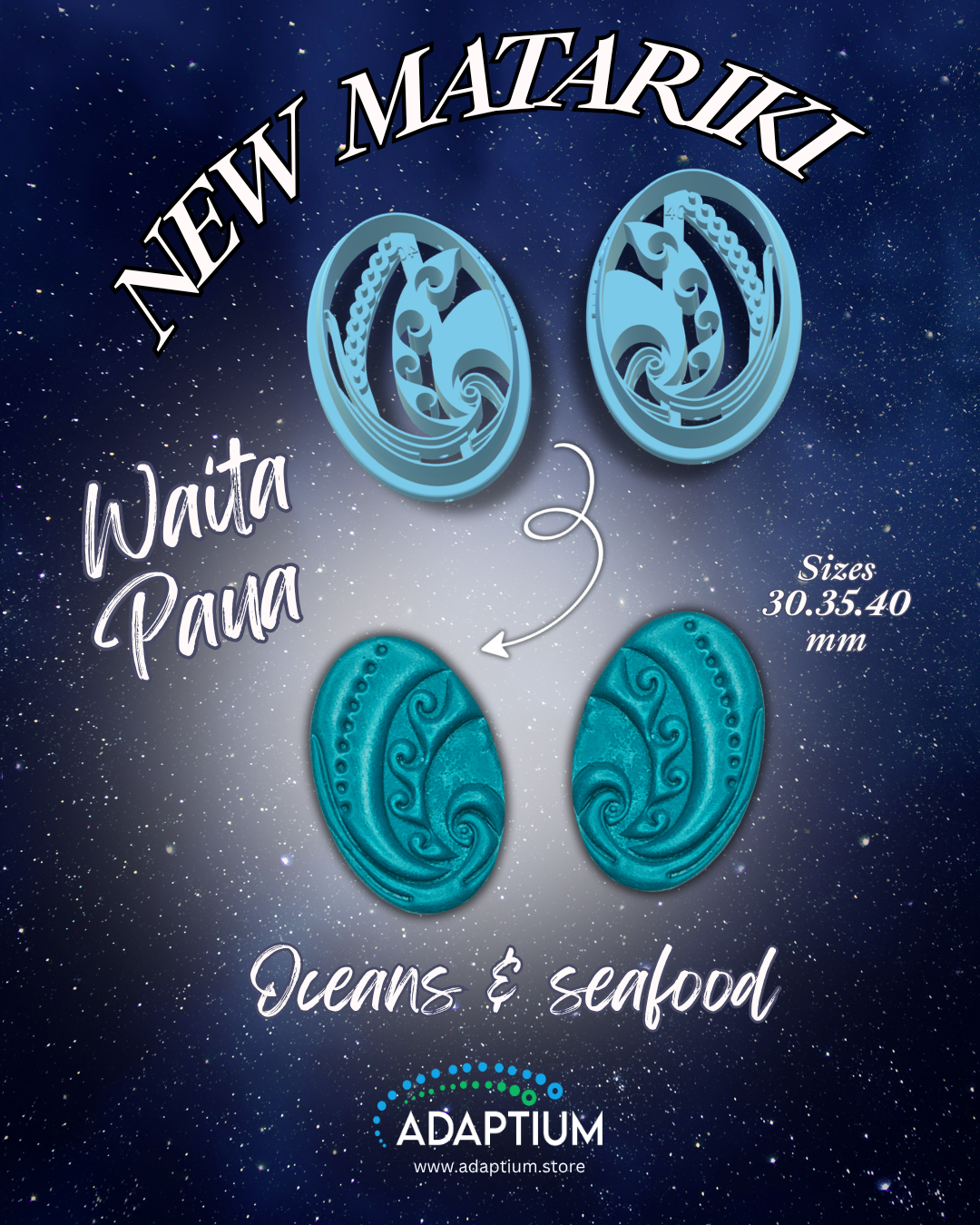 Advertisement for New Matariki  cutters with cut out clay  examples  on a dark blue galaxy background.