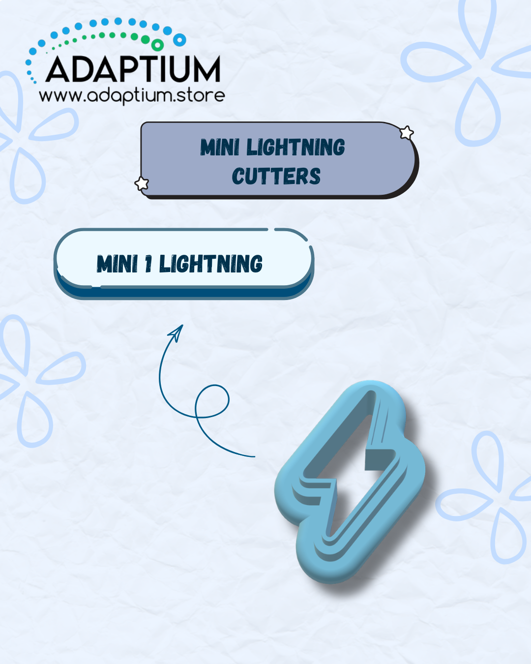 Blue resin lightning bolt cutter made for polymer clay on a textured light blue background, accompanied by two text labels ('MINI LIGHTNING CUTTERS' and 'MINI I LIGHTNING') and a curved arrow pointing to the product.