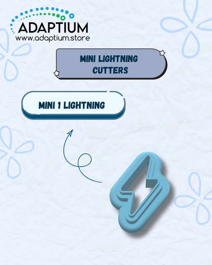 Blue resin lightning bolt cutter made for polymer clay on a textured light blue background, accompanied by two text labels ('MINI LIGHTNING CUTTERS' and 'MINI I LIGHTNING') and a curved arrow pointing to the product.