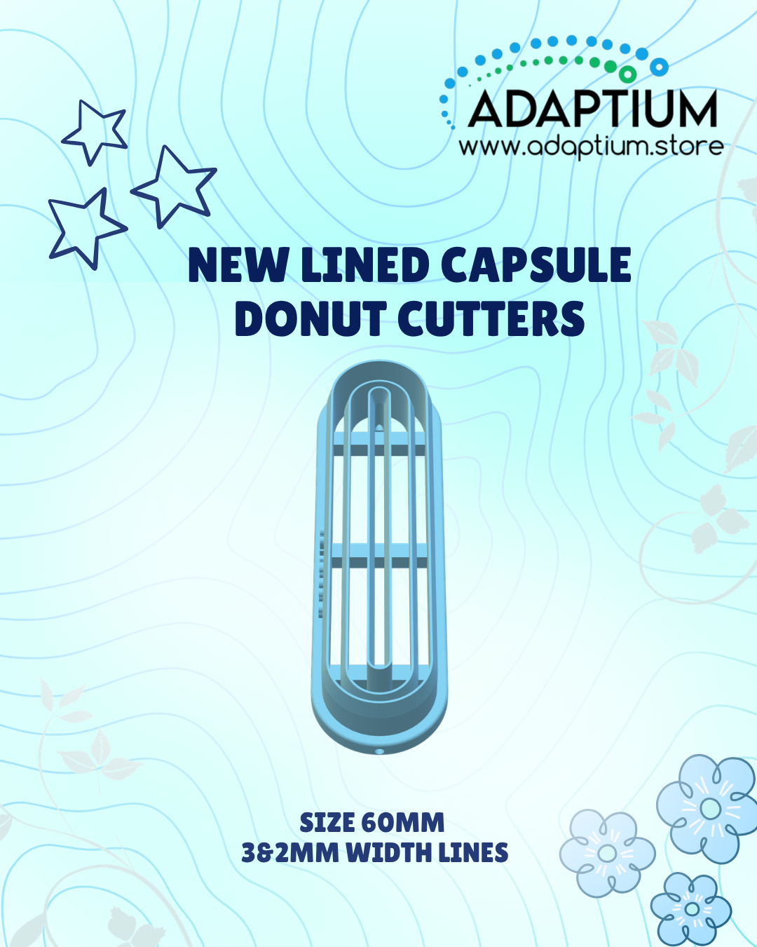 Lined capsule donut cutters on a blue background with floral designs.