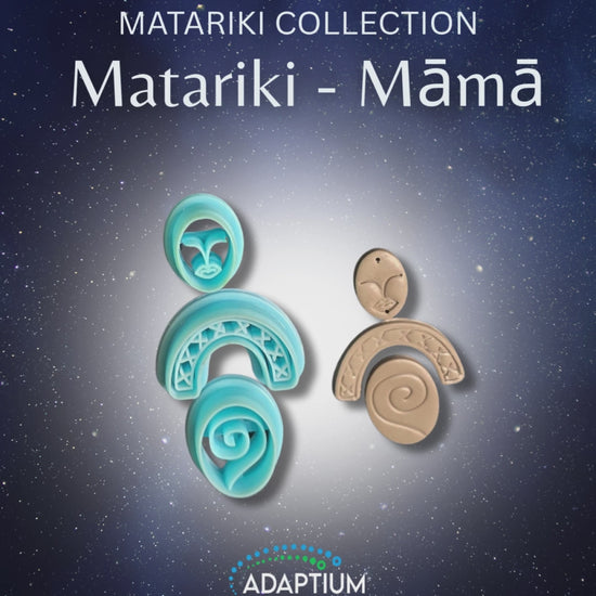 3pc set Matariki oval face depicting a female. U shaped arms with 8 Xs  to represent her children & a koru in an Oval body embossed Sky Blue Resin Cutters.  With grey examples of what it looks like in raw polymer clay 