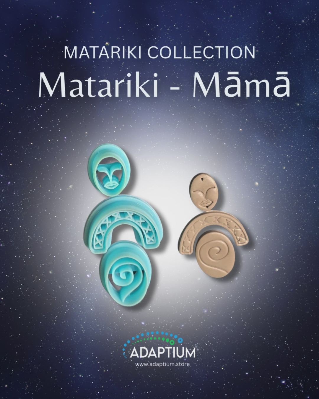 3pc set Matariki oval face depicting a female. U shaped arms with 8 Xs  to represent her children & a koru in an Oval body embossed Sky Blue Resin Cutters.  With grey examples of what it looks like in raw polymer clay 
