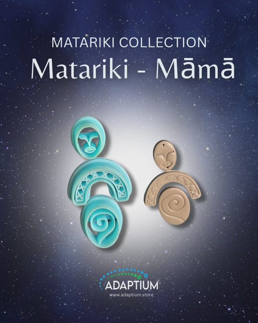 3pc set Matariki oval face depicting a female. U shaped arms with 8 Xs  to represent her children & a koru in an Oval body embossed Sky Blue Resin Cutters.  With grey examples of what it looks like in raw polymer clay 