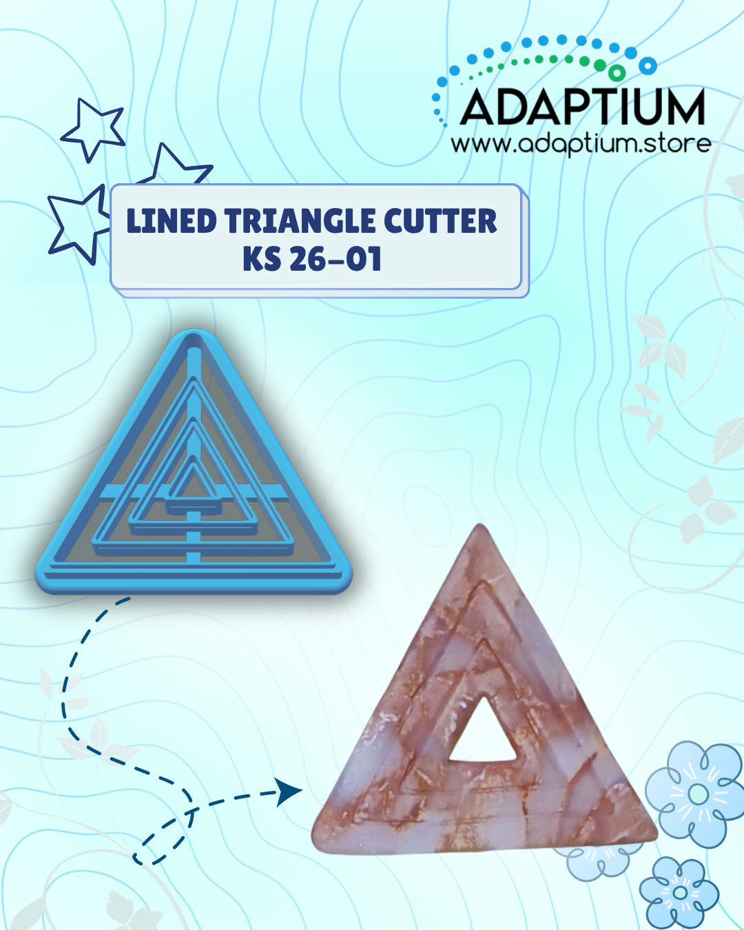Lined triangle cutter KS 26-01 with a marble pattern on a blue background, branded with Adaptium.