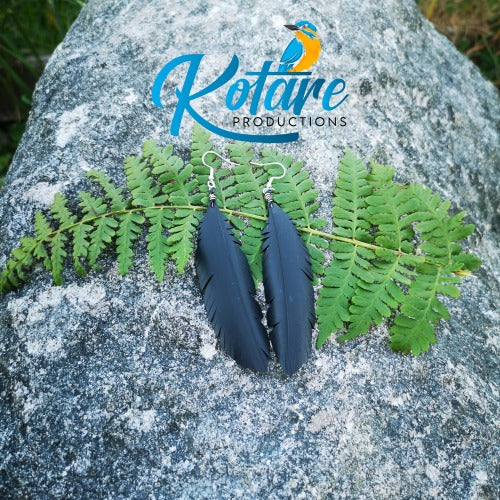 10cm Black feather up-cycled rubber Earrings